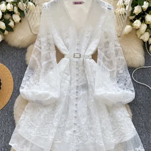 SINGREINY 2025 Abito da donna senior con scollo a V manica a lanterna ricamo con cintura vestito estivo sottile chic mini abito a rete delicata primaverile 1