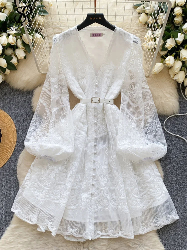 SINGREINY 2025 Abito da donna senior con scollo a V manica a lanterna ricamo con cintura vestito estivo sottile chic mini abito a rete delicata primaverile 1