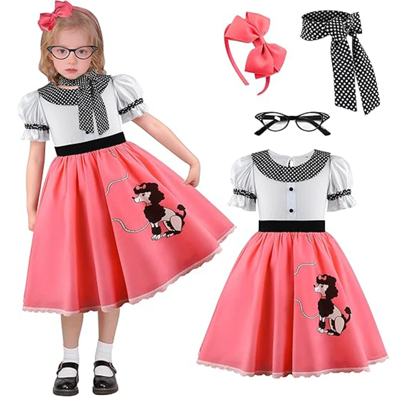 Abiti da festa per ragazze Abito estivo Stampa barboncino Abito vintage a pois con abito sciarpa Abiti estivi casual per ragazze Compleanno 6