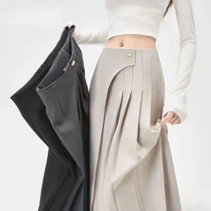 Autunno elegante pieghettato donna avvolgere ombrello gonne lunghe 2025 nuovo bottone singolo a vita alta coreano ufficio gonna a trapezio allentata femminile 1