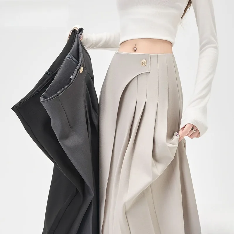 Autunno elegante pieghettato donna avvolgere ombrello gonne lunghe 2025 nuovo bottone singolo a vita alta coreano ufficio gonna a trapezio allentata femminile 1