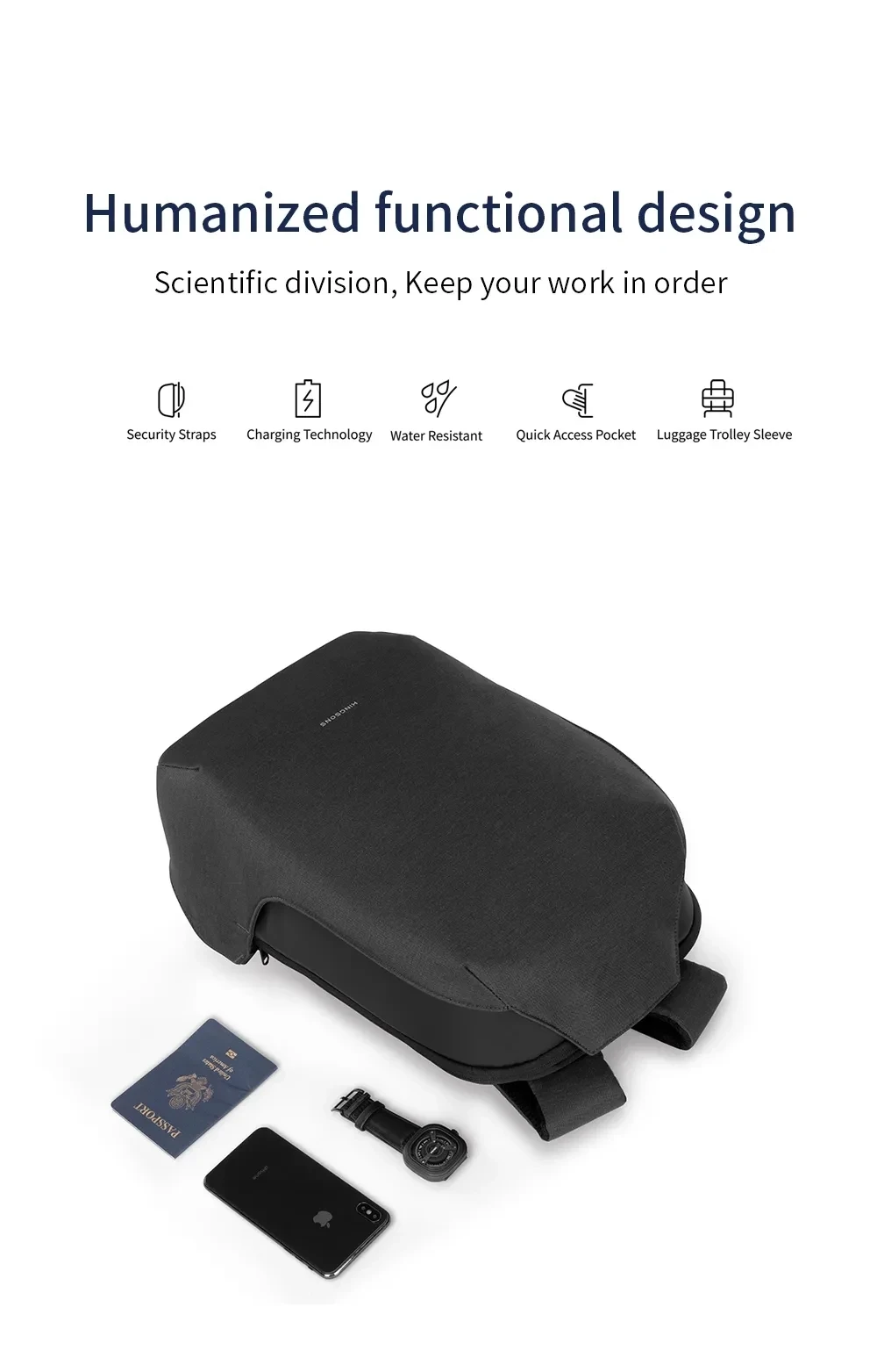 Zaino antifurto Kingsons da uomo per laptop da 15,6 pollici aperto da 180 gradi con ricarica USB borsa da scuola impermeabile per ragazzi studenti universitari 5