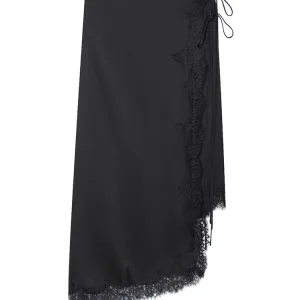 HH Gonna da donna in raso di pizzo nero versatile moda femminile a vita media Temperamento sottile con cerniera Fiocco con lacci Gonna a trapezio asimmetrica 1