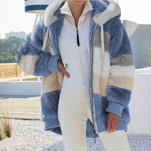 2024 autunno inverno caldo peluche patchwork tasca con cerniera cappotto allentato con cappuccio da donna 1