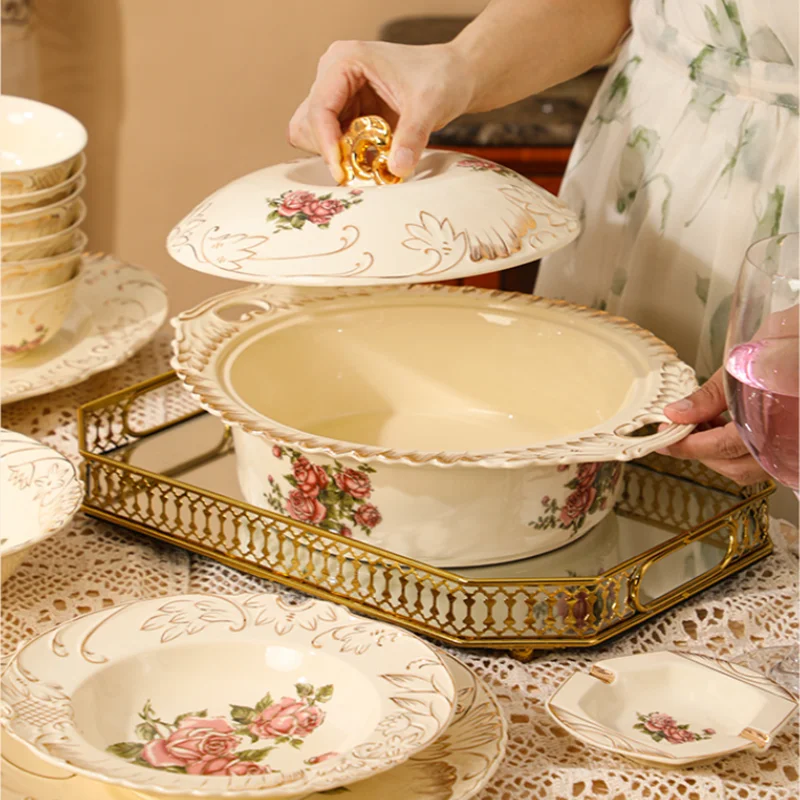 Piatti in ceramica dipinta con rosa beige, ciotole per zuppa, ciotole per riso, piatti da dessert, piatti, utensili da cucina, tavoli per ristoranti 4