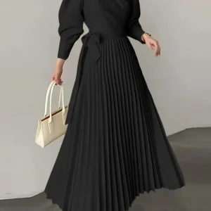 VONDA 2025 Elegante Vestito Da Ufficio Delle Donne Pieghettato Vestito Estivo di Modo Solido Lace-Up Abiti Risvolto Collo Casual Robe Più Il Formato 5XL 1