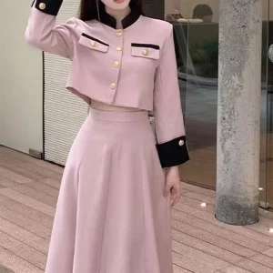 Abbigliamento da donna elegante moda Harajuku slim fit sciolto casual tutto abbinato colletto alla coreana capispalla gonne solide set da due pezzi 1