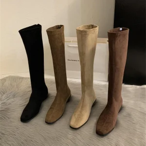 Stivali alti al ginocchio da donna vintage invernali firmati con tacco spesso scarpe moderne lunghe Botas Para Mujer 1