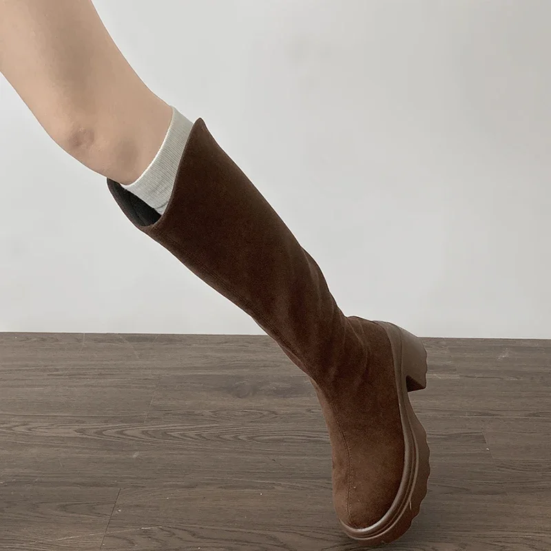 Stivali alti slim elasticizzati da donna vintage Moda cerniere posteriori Scarpe Autunno Inverno Stivaletti lunghi da cavaliere da donna con tacco spesso 3