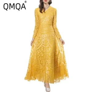QMQA Abito da sera da donna alla moda Paillettes gialle Impiombato Scollo a V Manica lunga Abiti da banchetto eleganti 2025 Primavera Nuovo QM297 1