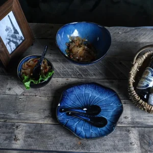 Stoviglie giapponesi LingAo-Blue Glaze Ice Crack, piatto in ceramica con foglie di loto, ciotola per noodle, set di piatti 1