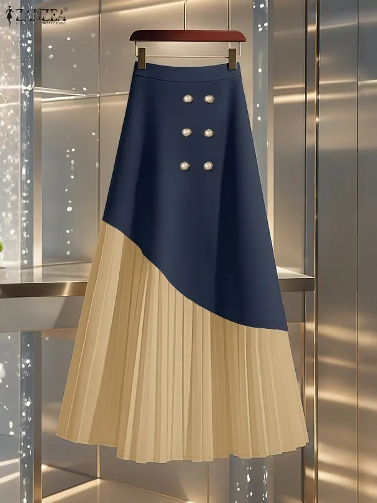 ZANZEA Gonne da donna 2025 Autunno Elegante Vita alta Ufficio Faldas Saia Pieghettato Jupes Elegante Patchwork Robe Femme Lavoro Vestito estivo 2
