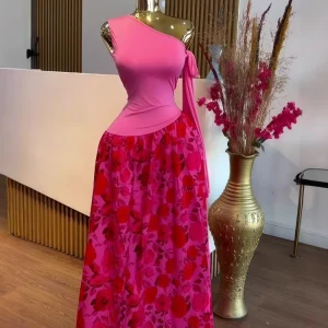 GLCMYAYA Abito lungo maxi stampato floreale senza maniche con una spalla bowknot da donna 2025 Abiti da festa sexy per club 1