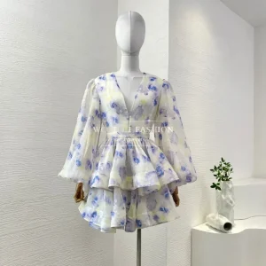 Women's Violet Floral Print V Neck Long Lantern Sleeve New 2026 Mini Dress High Quality Linen 1