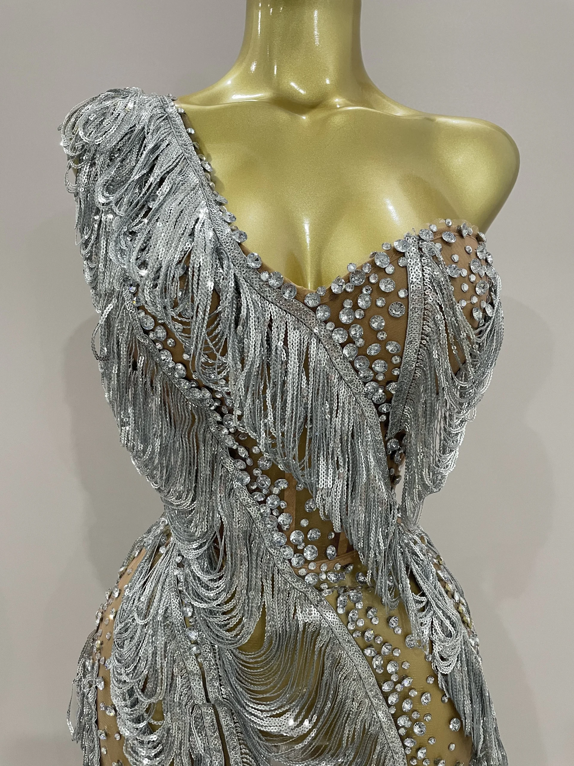 Stock scintillante strass paillettes nappa maglia monospalla abito corto 2025 donna sera festa di compleanno discoteca costume di scena 5