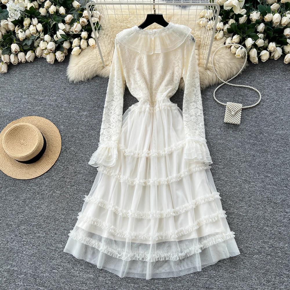 Chic vintage pizzo maglia manica lunga Elegante fata moda coreana autunno vestito estivo abbigliamento donna 2