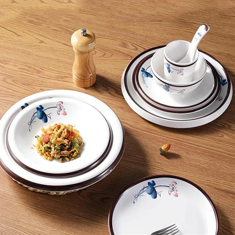 Piatto rotondo in melamina Piatto da pranzo in plastica con motivo floreale Piatto da insalata per bistecche commerciali Accessori da cucina per dischi da frutta per la casa 4