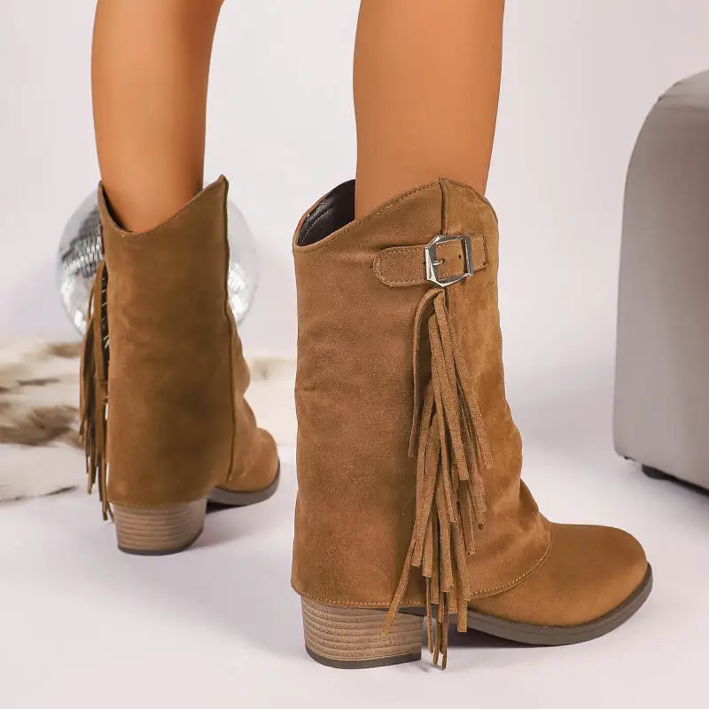 Stivali da cowboy occidentali con tacco alto spesso con nappa vintage Donna 2025 Stivali invernali a metà polpaccio in pelle scamosciata con fibbia in metallo Stivali lunghi da donna 5