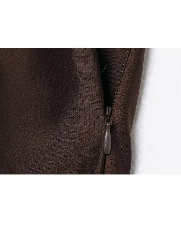 HH Gonna da donna in raso di seta di pizzo Moda con cerniera pieghettata Orlo con spacco Decorazione Gonna lunga marrone Gonna sottile da banchetto elegante femminile 6