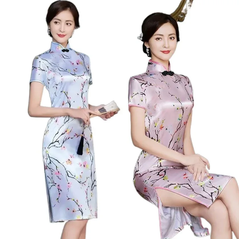 Abito cheongsam di media lunghezza versione dimagrante estiva Abito da silhouette elegante stile rifformato alla moda da donna 5