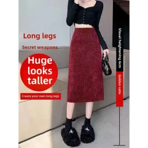 Ancolar Gonna rossa argento Autunno/Inverno Nuova moda Versatile spacco laterale posteriore Elegante mezza gonna da donna in vita elastica dimagrante 1