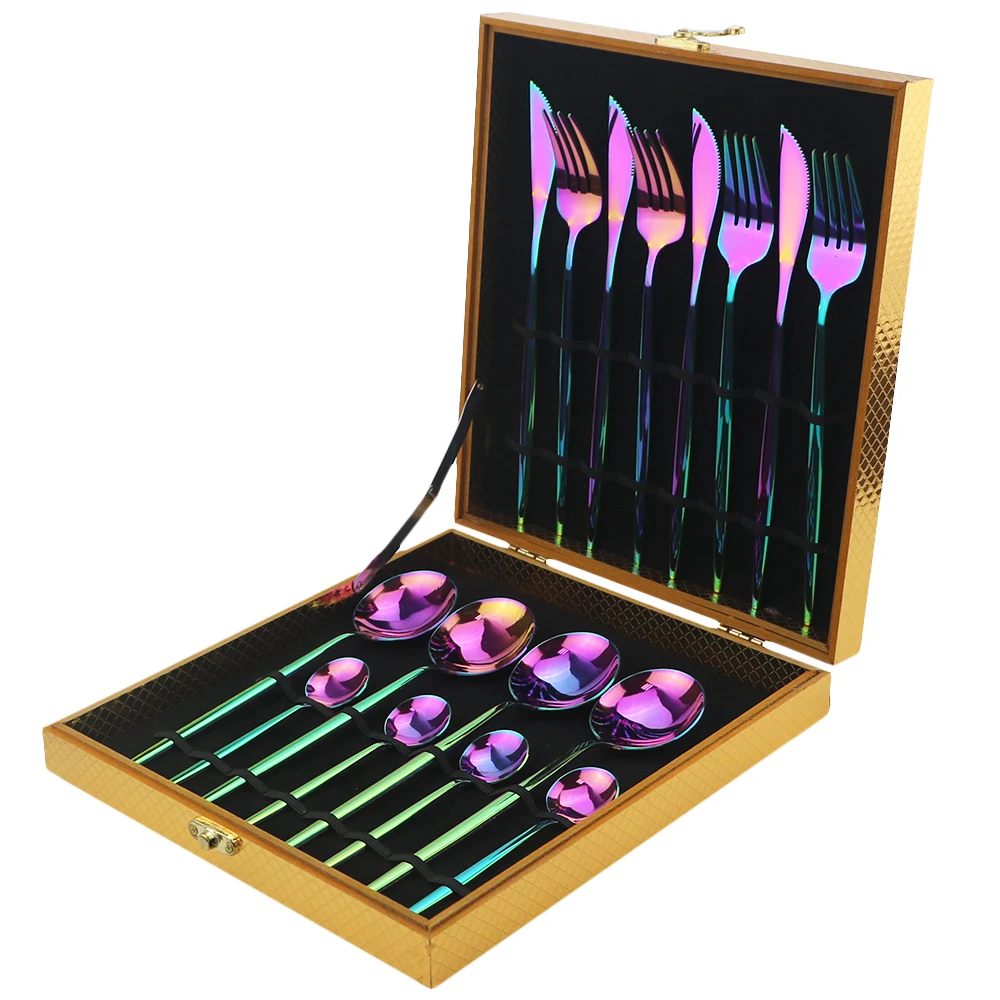 16pcHigh Qualità di Lusso Arcobaleno Piatti e Posateria Set Forchetta Coltello Cucchiaio di Nero Set di Posate Posate In Acciaio Inox Set Con Il Contenitore di Regalo hotel 1