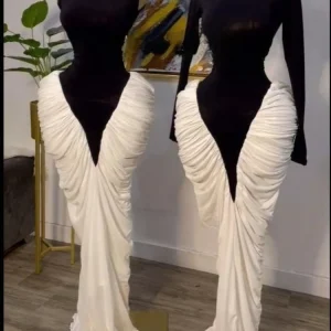 GLCMYAYA Donna Manica Lunga Patchwork Increspato Impilato Lace Up Grembiule Maxi Abito Lungo 2025 Vacanza Festa di Compleanno Abiti Abiti 1