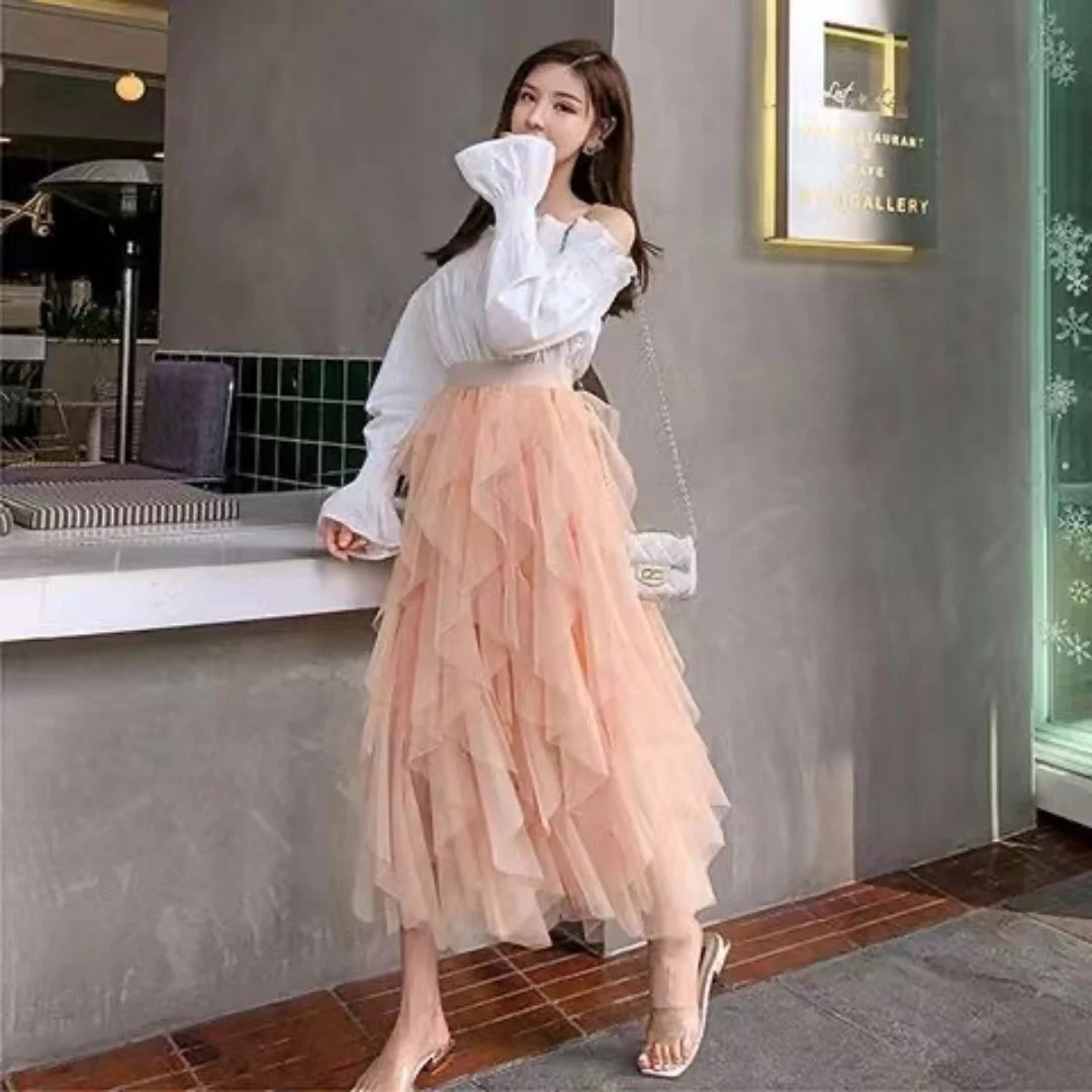 Gonna lunga a pieghe in rete a vita alta Donna Solido con volant irregolari Abito da ballo Gonne in tulle Gonne a trapezio con tutù dolce adorabile femminile 6