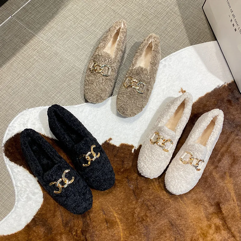 2025 Lana d'agnello Appartamenti Donna Catena Mocasines Femme Slip On Shearling Stivali Donna Inverno Ricci Mocassini pelosi Donna Scarpe di cotone 4