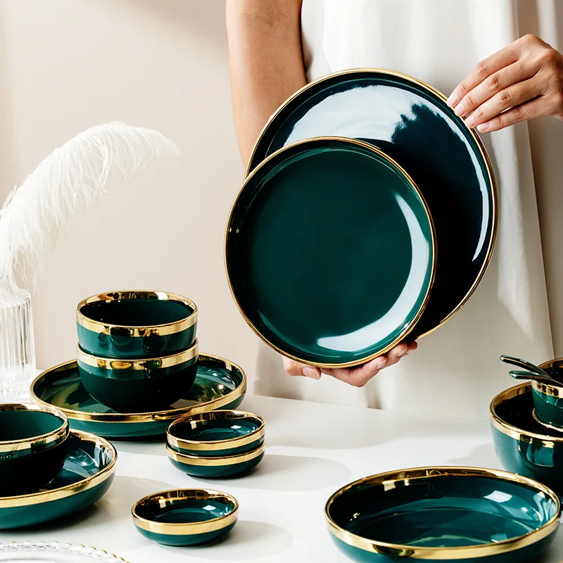Set di posate Creative verde scuro Set di piatti in ceramica placcati in oro piatti da cucina ciotole di riso piatto in porcellana utensili da cucina nuovo 3