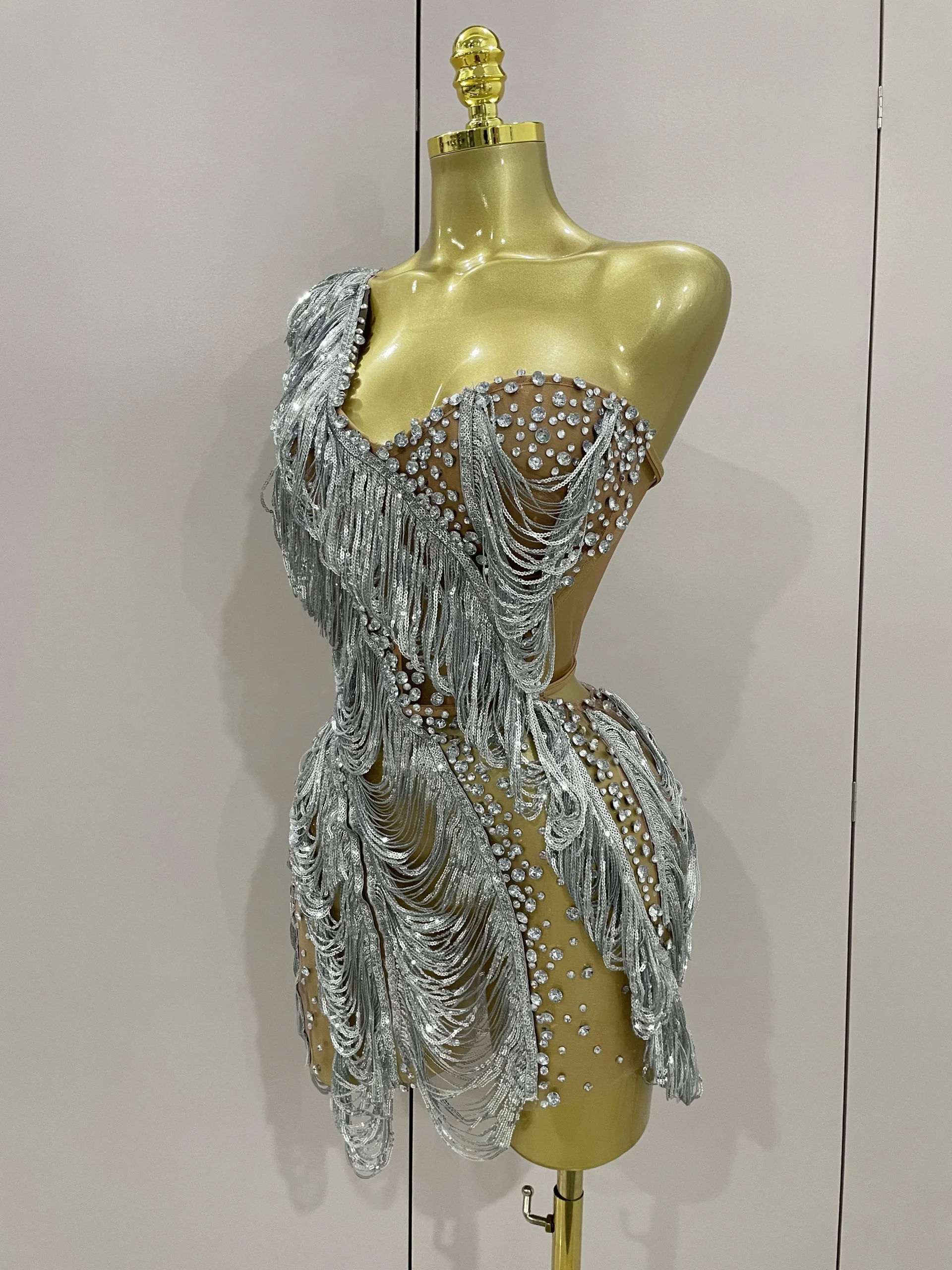 Stock scintillante strass paillettes nappa maglia monospalla abito corto 2025 donna sera festa di compleanno discoteca costume di scena 2