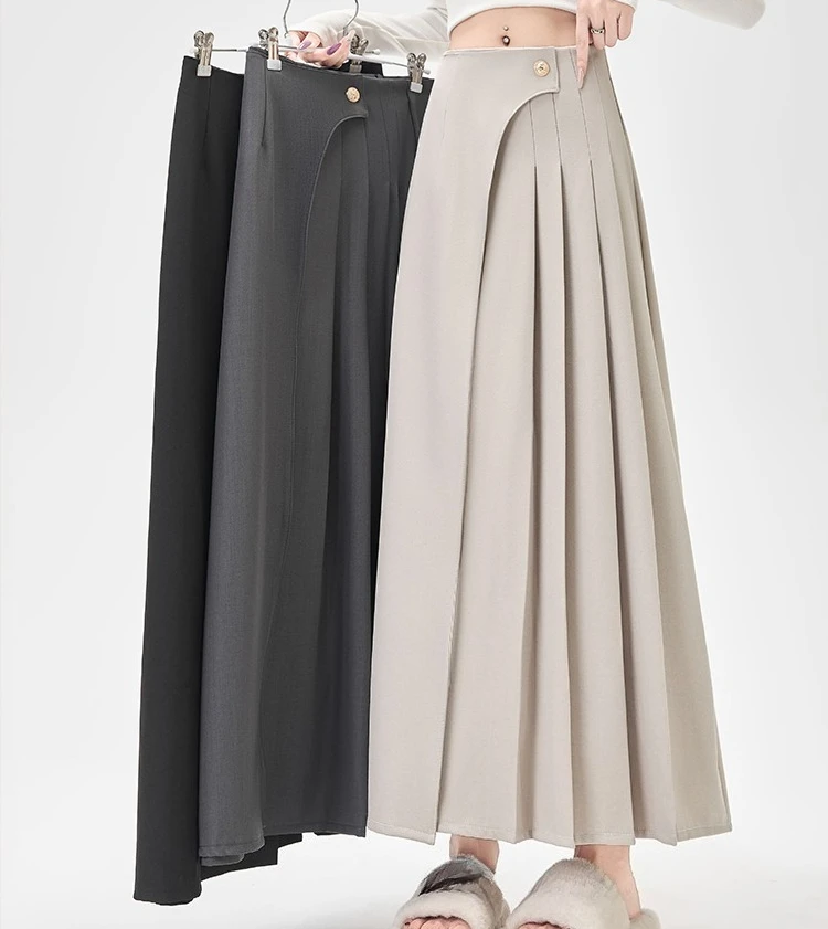 Autunno elegante pieghettato donna avvolgere ombrello gonne lunghe 2025 nuovo bottone singolo a vita alta coreano ufficio gonna a trapezio allentata femminile 5