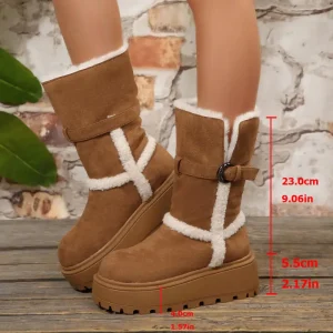 Stivali da neve in pelle scamosciata con fondo spesso caldo lungo peluche Donna 2025 Stivali invernali a metà polpaccio con fibbia in metallo soffice pelliccia Stivaletti alti da donna 1