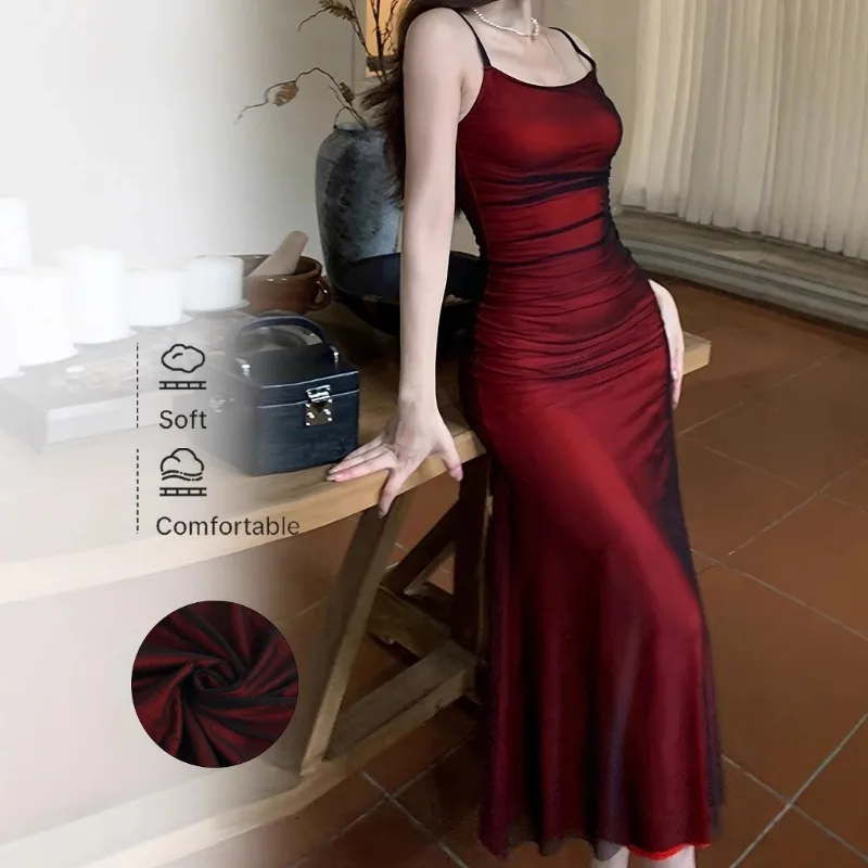 Abito estivo da donna 2025 Pasta rossa con spalline Abito con spalline pieghettate Abito da festa sottile ed elegante Gonna lunga Abiti sexy 2