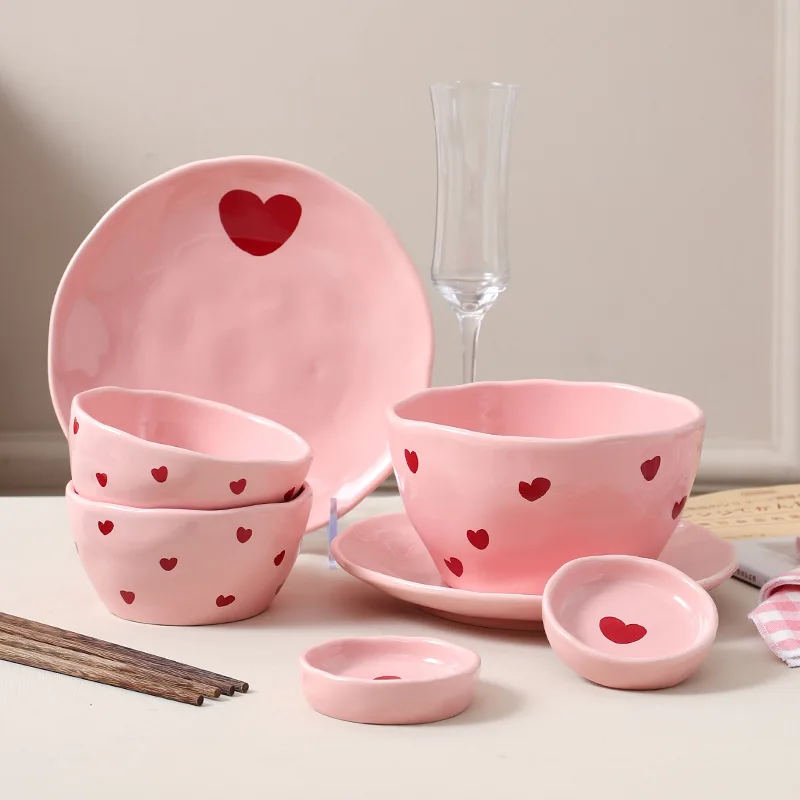 Insalatiera Piatto in ceramica con motivo a cuore rosa Tazza da caffè Ciotola da dessert per bambini Piatti da pranzo carini per la casa Stoviglie da ristorante 4