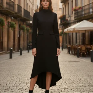 Freeacy Abiti urbani da donna Solido nero a maniche lunghe Abito lungo slim fit Abito da pendolare pieghettato con collo alto per donna da ufficio 1
