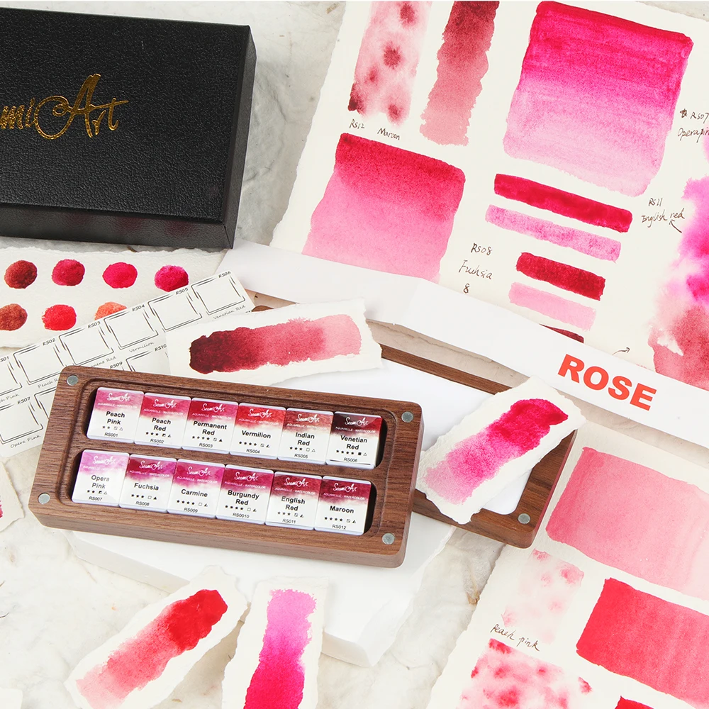SeamiArt 12 colori rosa rossa set di acquerelli solidi scatola di legno di noce nera confezione regalo per disegnare forniture di pittura artistica 5