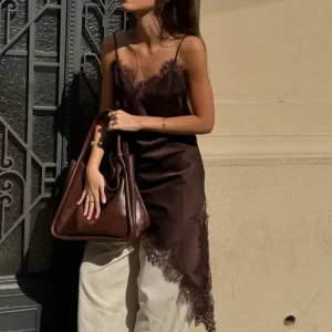 Mini abito a canotta asimmetrico in pizzo da donna Abiti senza maniche in raso trasparente con spalle scoperte Abiti da festa estivi casual sexy 2025 1