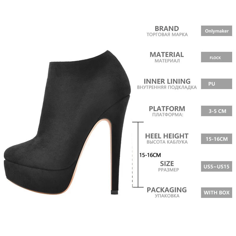 Onlymaker Platform stivaletti alla caviglia nero donna Sexy tacco alto cerniera laterale Stiletto Flock Plus Size stivali scarpe 6