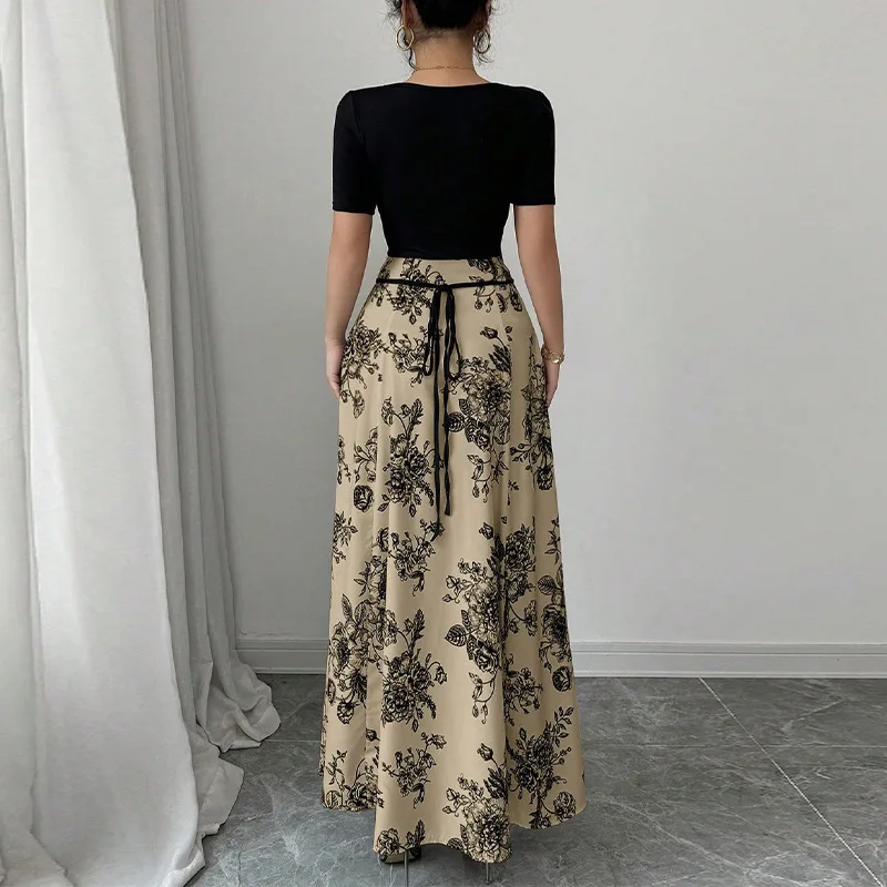 Abito da spiaggia per le vacanze da donna in abito lungo estivo a maniche corte slim in colore a contrasto 2