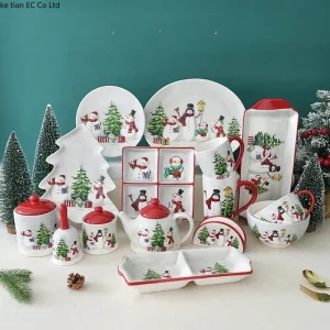 Set di posate per piatti di ciotola di pupazzo di neve di Natale creativo nordico Piatti da pranzo in ceramica occidentale Tazza per insalata di riso per la casa Regalo di Natale 1