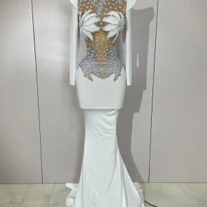 Abito lungo di lusso con diamanti scintillanti, bianco perla, trasparente, in rete, da donna, per matrimoni, feste serali, spettacoli teatrali 1
