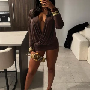 Sisterlinda Mini abito elegante da donna con scollo a V profondo manica lunga skinny pesca anca Midnight Club Party moda sexy aderente solido 1