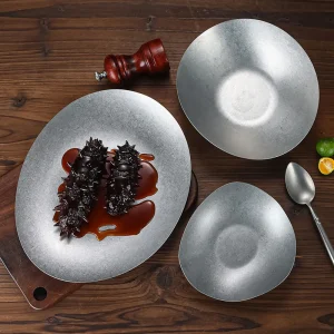 Piatto da pasto irregolare in acciaio inossidabile Snack Spaghetti Piatto da barbecue Piatti da cibo occidentale Stoviglie per piatti in osso per ristorante francese 1