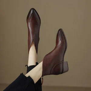 Nuovi stivali da donna autunnali scarpe con tacco grosso a punta scarpe in vera pelle per donna stivaletti con cerniera concisa stivali firmati 1