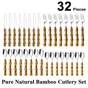 Set di stoviglie Manico in bambù naturale originale Posate di lusso in acciaio inossidabile Forchetta Cucchiaio Stoviglie da cucina per la casa Drop Ship 1