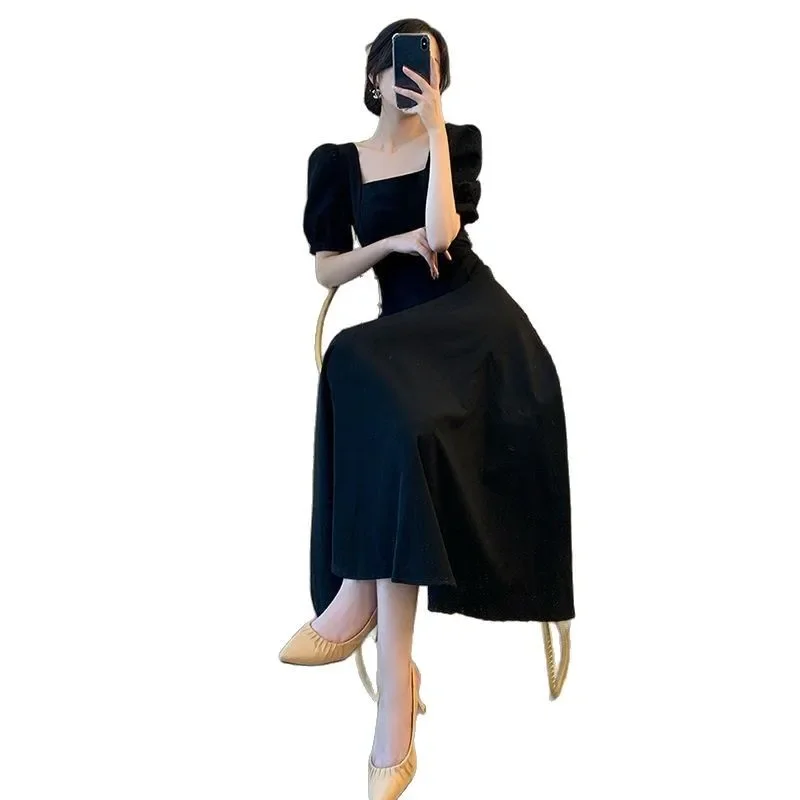 Abito lungo con colletto quadrato Abito nero stile Hepburn Abito longuette a maniche corte con gonna lunga da donna elegante di fascia alta retrò taglie forti 5