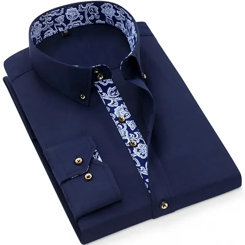 Camicia da uomo in cotone Camicie eleganti con colletto da lavoro formale Manica lunga Primavera Autunno Abbigliamento casual Slim Fit Social Nero Blu Bianco 4