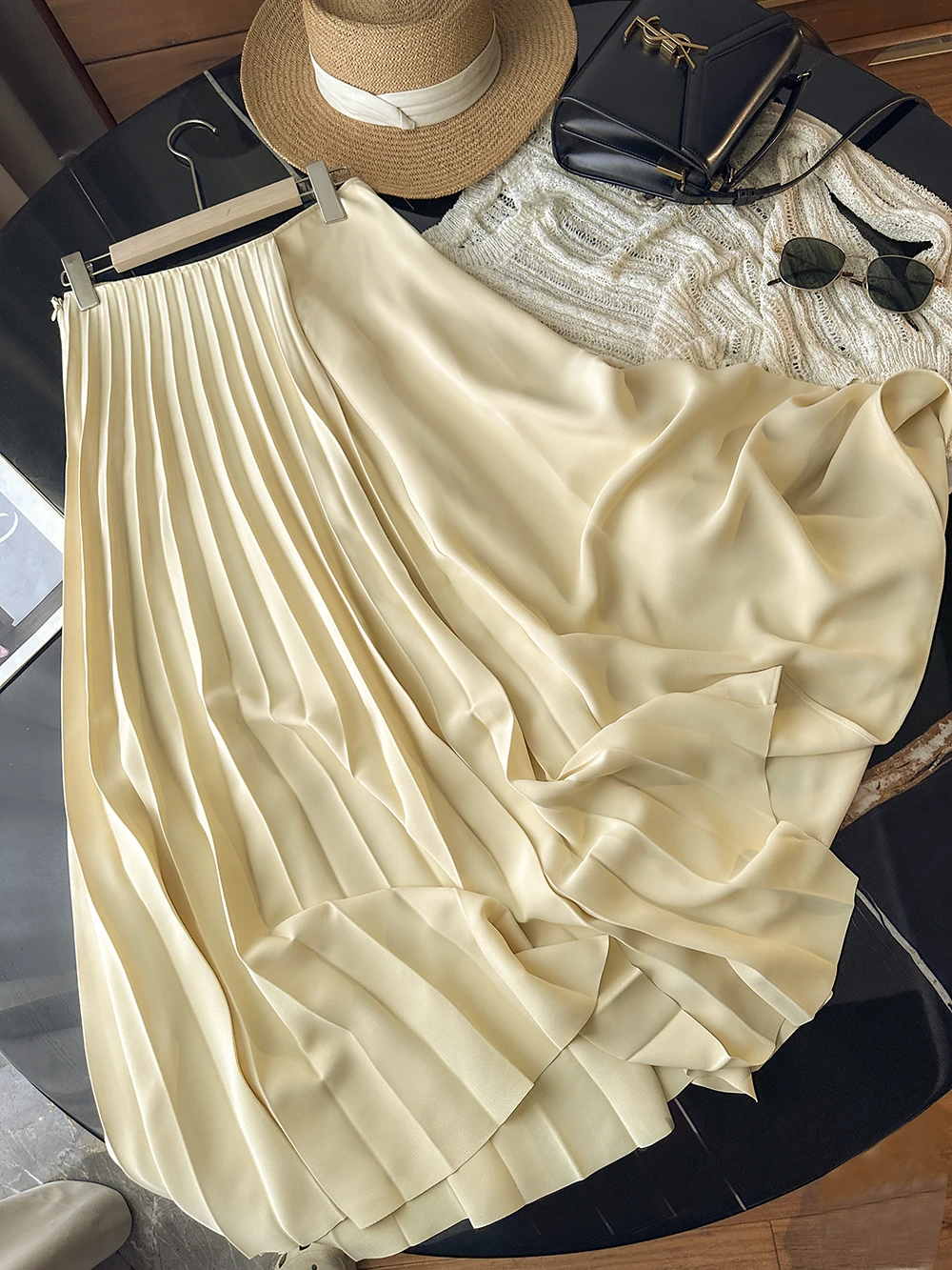 2025 Gonna a pieghe asimmetrica elegante da donna a vita alta Gonna medio-lunga da donna Gonna longuette da donna femminile Giallo Saia 3