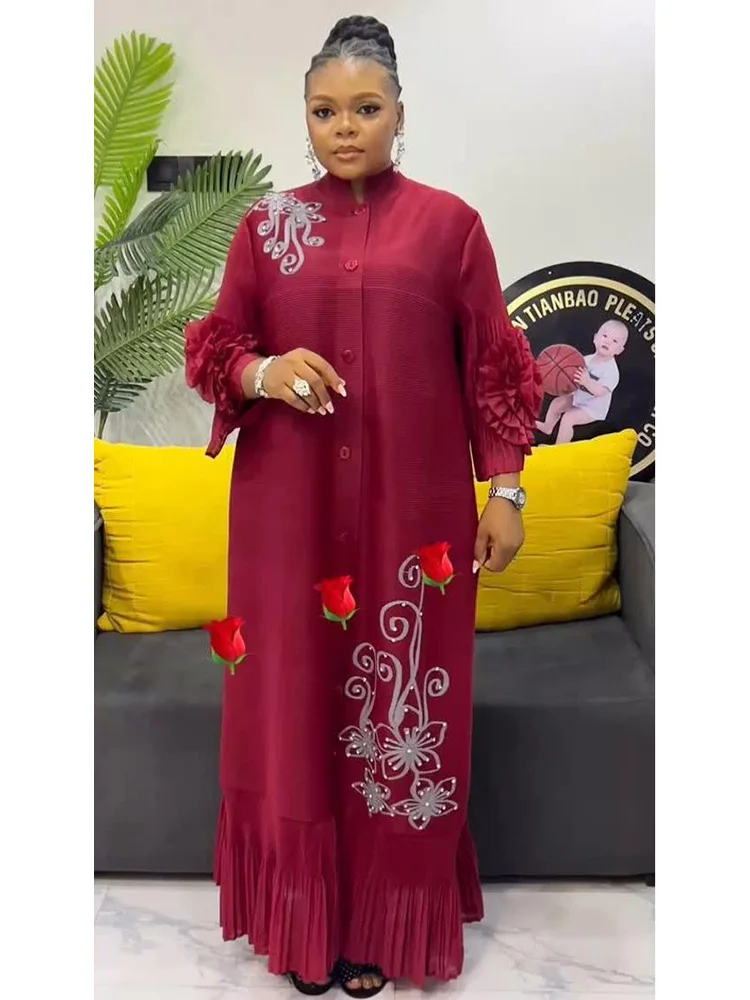 ANLAN Stampa di moda Abito lungo a pieghe Donna Risvolto Maniche floreali Design Monopetto Abiti a trapezio 2025 Estate Nuovo 5AN6018 3